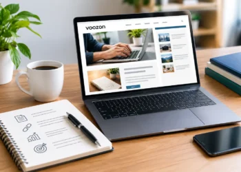 A laptop displays the Voozon website on a tidy wooden desk beside a coffee cup, plant, notebook, pen, books, and phone, creating a calm, productive workspace.