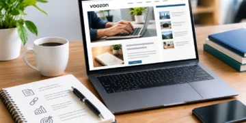 A laptop displays the Voozon website on a tidy wooden desk beside a coffee cup, plant, notebook, pen, books, and phone, creating a calm, productive workspace.
