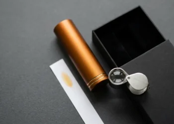 Aluminum perfume bottle, open box and jeweler’s loupe arranged for an authenticity inspection