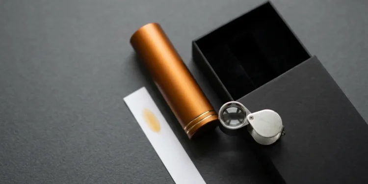 Aluminum perfume bottle, open box and jeweler’s loupe arranged for an authenticity inspection