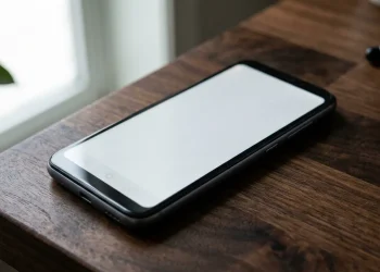 Smartphone showing a white test screen with a faint ghost image near the bottom