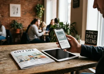 Reader browsing a digital magazine on a smartphone next to a print magazine