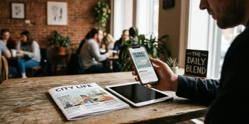 Reader browsing a digital magazine on a smartphone next to a print magazine