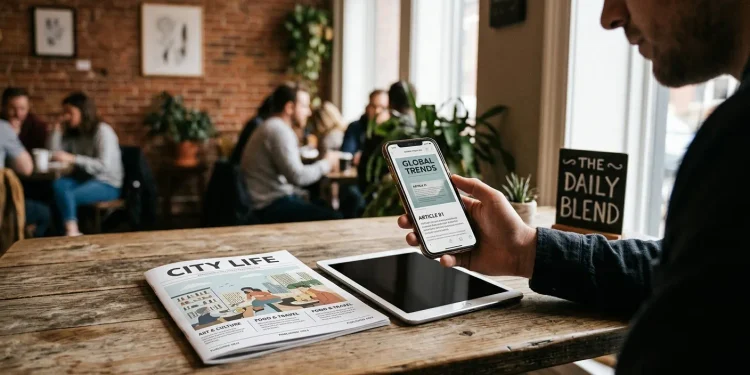 Reader browsing a digital magazine on a smartphone next to a print magazine