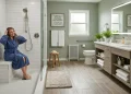 A modern, accessible bathroom featuring a curbless walk-in shower with a built-in bench, grab bars, non-slip flooring, and a floating wooden vanity.
