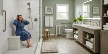 A modern, accessible bathroom featuring a curbless walk-in shower with a built-in bench, grab bars, non-slip flooring, and a floating wooden vanity.