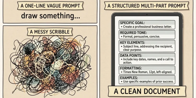 Comparison of a vague AI prompt and a detailed structured prompt with their results