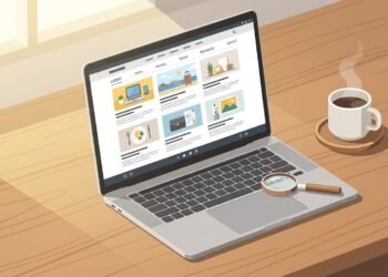 Laptop showing a multi-topic blog homepage next to a magnifying glass on a desk