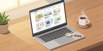 Laptop showing a multi-topic blog homepage next to a magnifying glass on a desk