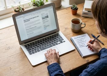 Person checking an unfamiliar website’s credibility on a laptop with a checklist
