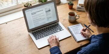 Person checking an unfamiliar website’s credibility on a laptop with a checklist