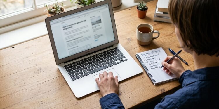 Person checking an unfamiliar website’s credibility on a laptop with a checklist