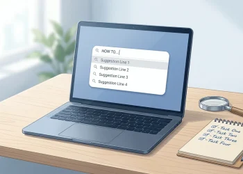 Search bar showing autocomplete suggestions next to a notepad with an evaluation checklist