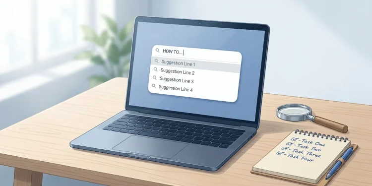 Search bar showing autocomplete suggestions next to a notepad with an evaluation checklist
