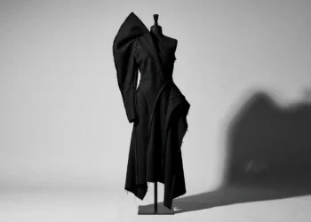 Sculptural black garment with an asymmetric shoulder and raw hem on a studio mannequin
