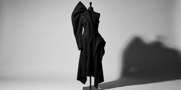 Sculptural black garment with an asymmetric shoulder and raw hem on a studio mannequin