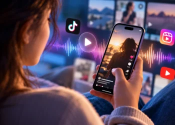 A woman relaxes with her phone, watching a sunset video as TikTok, Reels, and YouTube icons and a glowing audio waveform appear nearby.