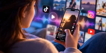 A woman relaxes with her phone, watching a sunset video as TikTok, Reels, and YouTube icons and a glowing audio waveform appear nearby.