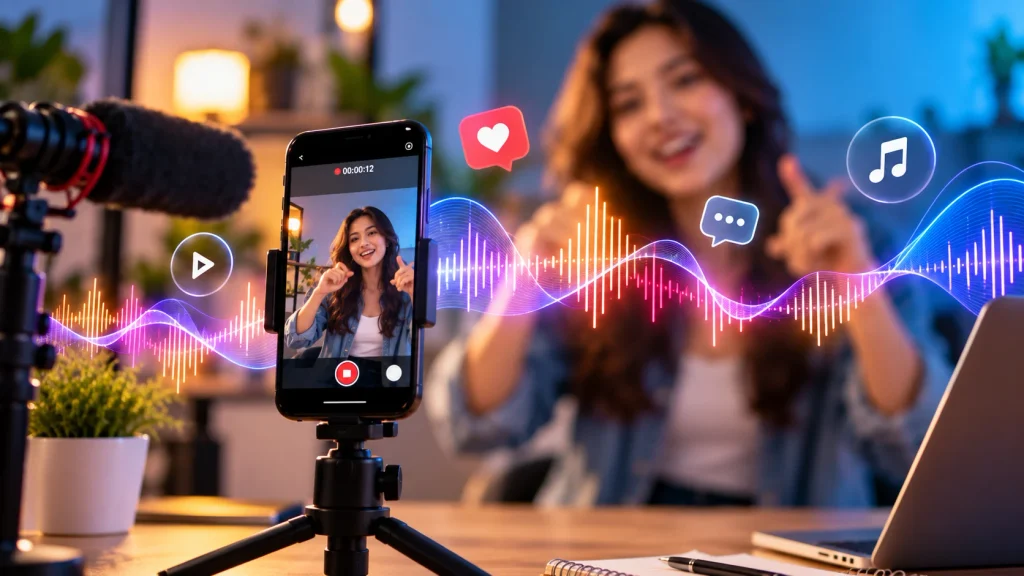A smiling woman records a video on a tripod-mounted phone as colorful sound waves, music, heart, and chat icons suggest upbeat social media content.