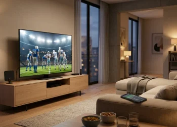Living room TV showing a live football broadcast with a streaming device and indoor antenna