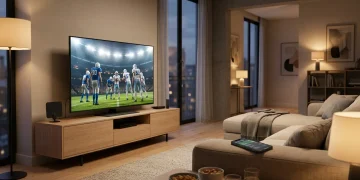 Living room TV showing a live football broadcast with a streaming device and indoor antenna