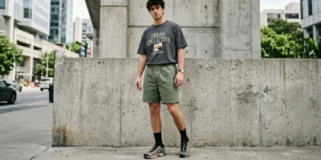 A young man wearing a washed dark grey graphic T-shirt, muted olive green casual shorts, black crew socks, and stylish sneakers, standing in front of a concrete wall in a modern urban streetwear setting.