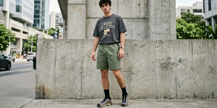 A young man wearing a washed dark grey graphic T-shirt, muted olive green casual shorts, black crew socks, and stylish sneakers, standing in front of a concrete wall in a modern urban streetwear setting.