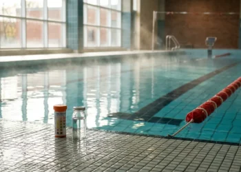 Pool test strips on the deck of an indoor swimming pool with humid air above the water