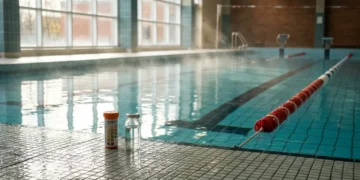 Pool test strips on the deck of an indoor swimming pool with humid air above the water