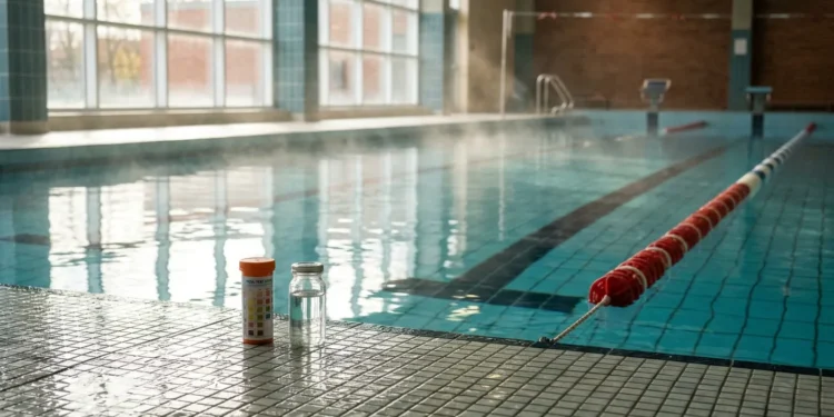 Pool test strips on the deck of an indoor swimming pool with humid air above the water