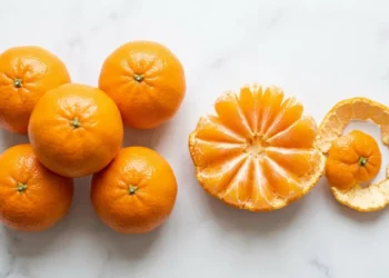 Small mandarin oranges on a white surface with one peeled into segments