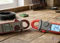 Older and newer digital clamp meters compared side by side on a workbench
