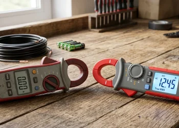 Older and newer digital clamp meters compared side by side on a workbench