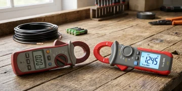 Older and newer digital clamp meters compared side by side on a workbench
