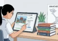 Student using a tablet for an interactive lesson with textbooks and a map of Vietnam