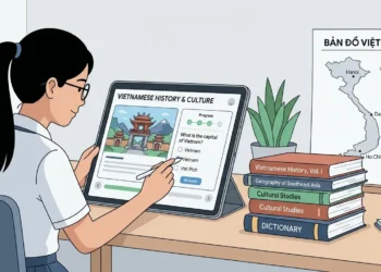 Student using a tablet for an interactive lesson with textbooks and a map of Vietnam