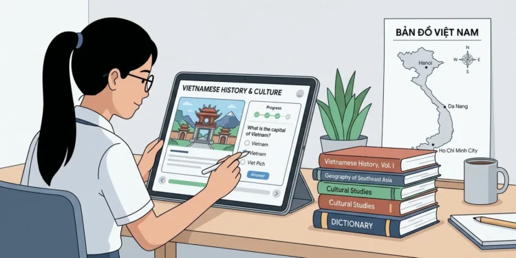 Student using a tablet for an interactive lesson with textbooks and a map of Vietnam