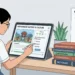 Student using a tablet for an interactive lesson with textbooks and a map of Vietnam