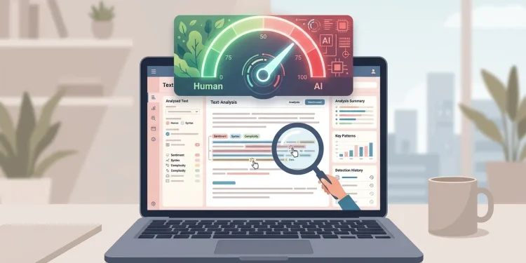 AI text detector showing an uncertain score between human and AI classifications