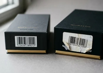 Comparison of a crisply printed perfume box barcode and a crooked sticker barcode