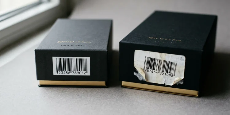 Comparison of a crisply printed perfume box barcode and a crooked sticker barcode
