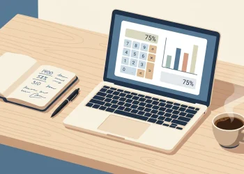 Laptop showing an online business calculator next to a notebook of figures