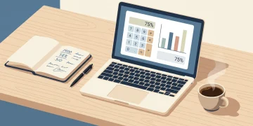Laptop showing an online business calculator next to a notebook of figures