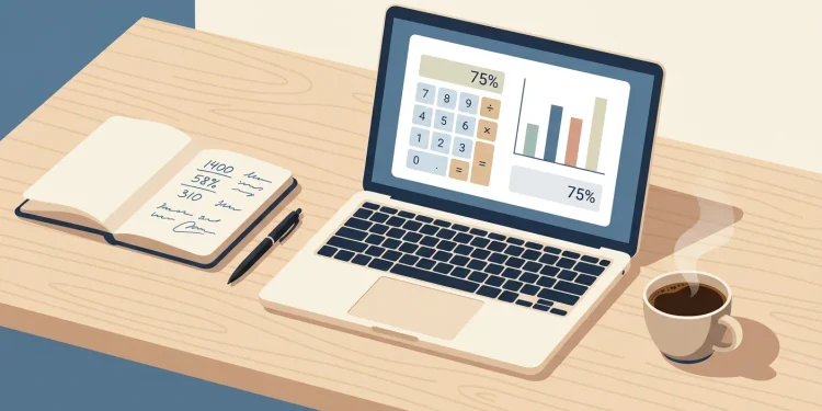 Laptop showing an online business calculator next to a notebook of figures