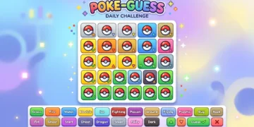 A Wordle-style guessing grid themed around Pokémon with type and arrow clue tiles