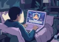 Viewer watching anime on a laptop with a safety warning icon over the screen
