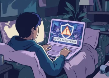 Viewer watching anime on a laptop with a safety warning icon over the screen