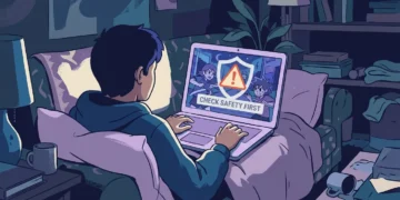 Viewer watching anime on a laptop with a safety warning icon over the screen