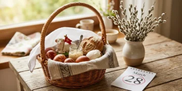 Koszyk ze święconką i pisankami na stole przygotowanym do śniadania wielkanocnego
