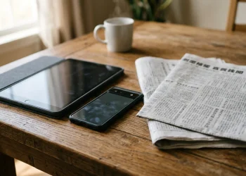 Tablet and phone beside a folded Chinese-language newspaper on a table